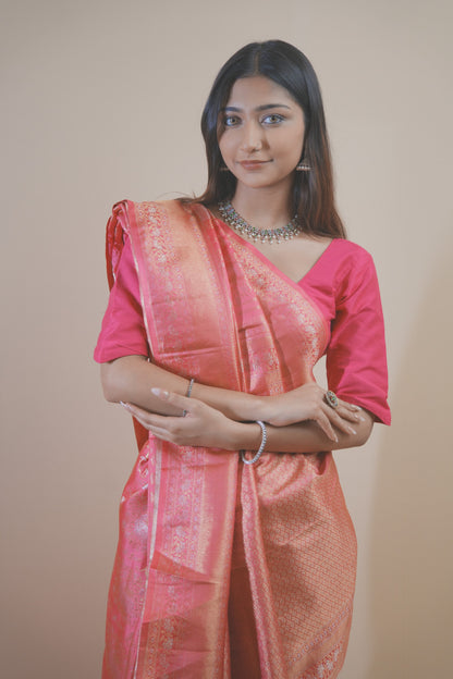 Elegant Peach Dharamavaram Silk Saree with Intricate Zari Weaving