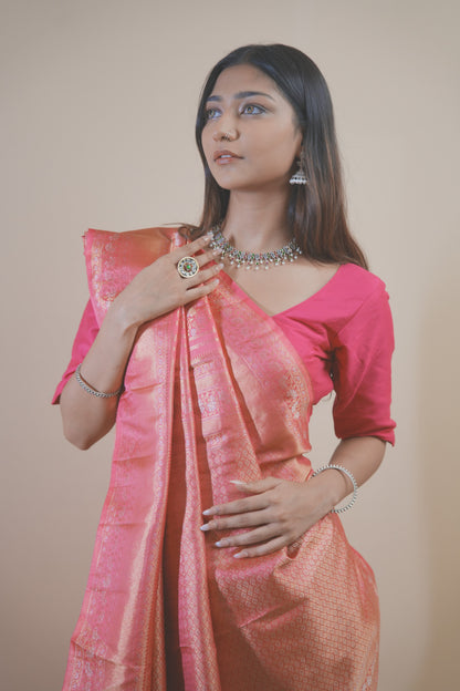 Elegant Peach Dharamavaram Silk Saree with Intricate Zari Weaving