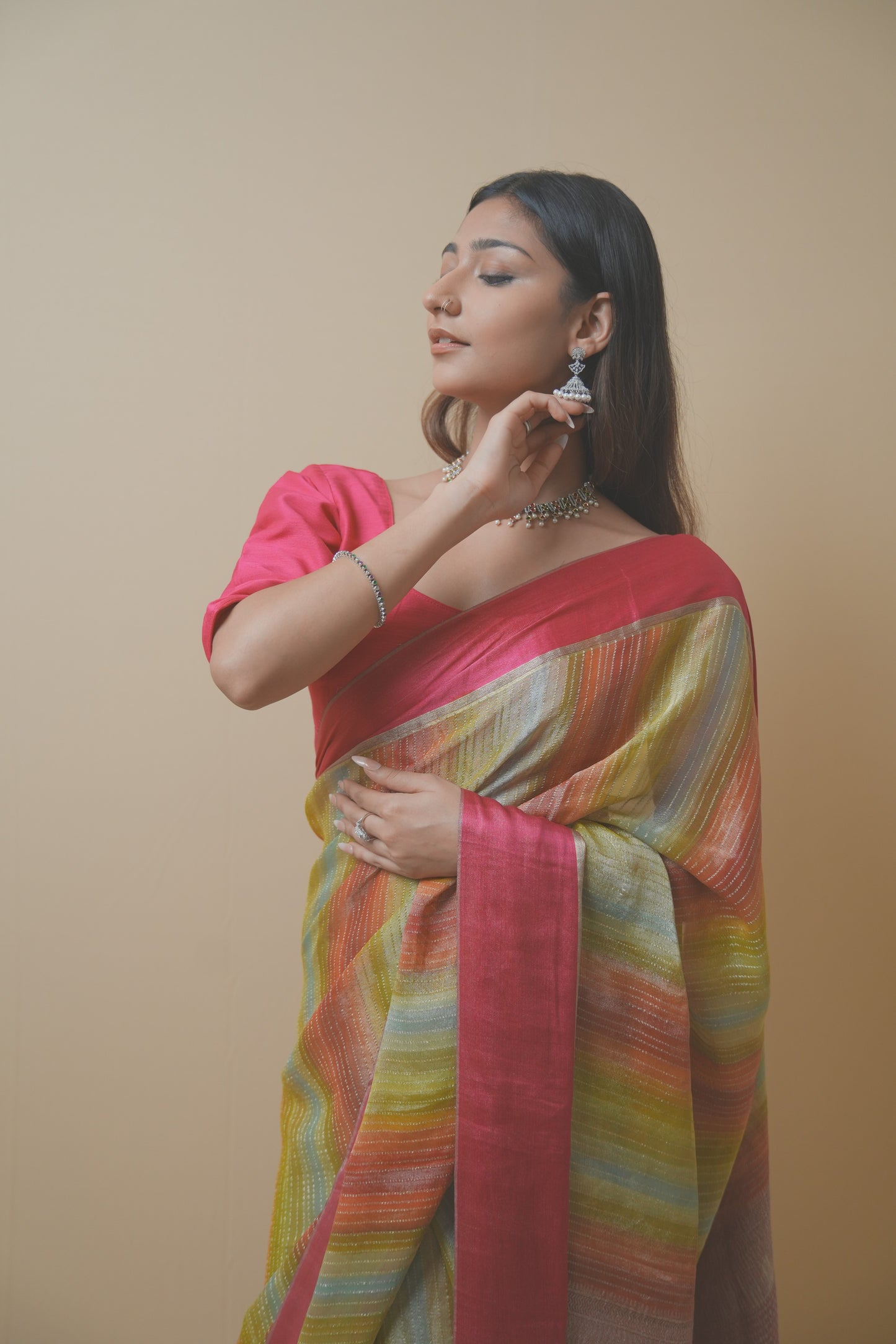 Vibrant Stripe Weave Chiffon Saree with Rich Pink Border