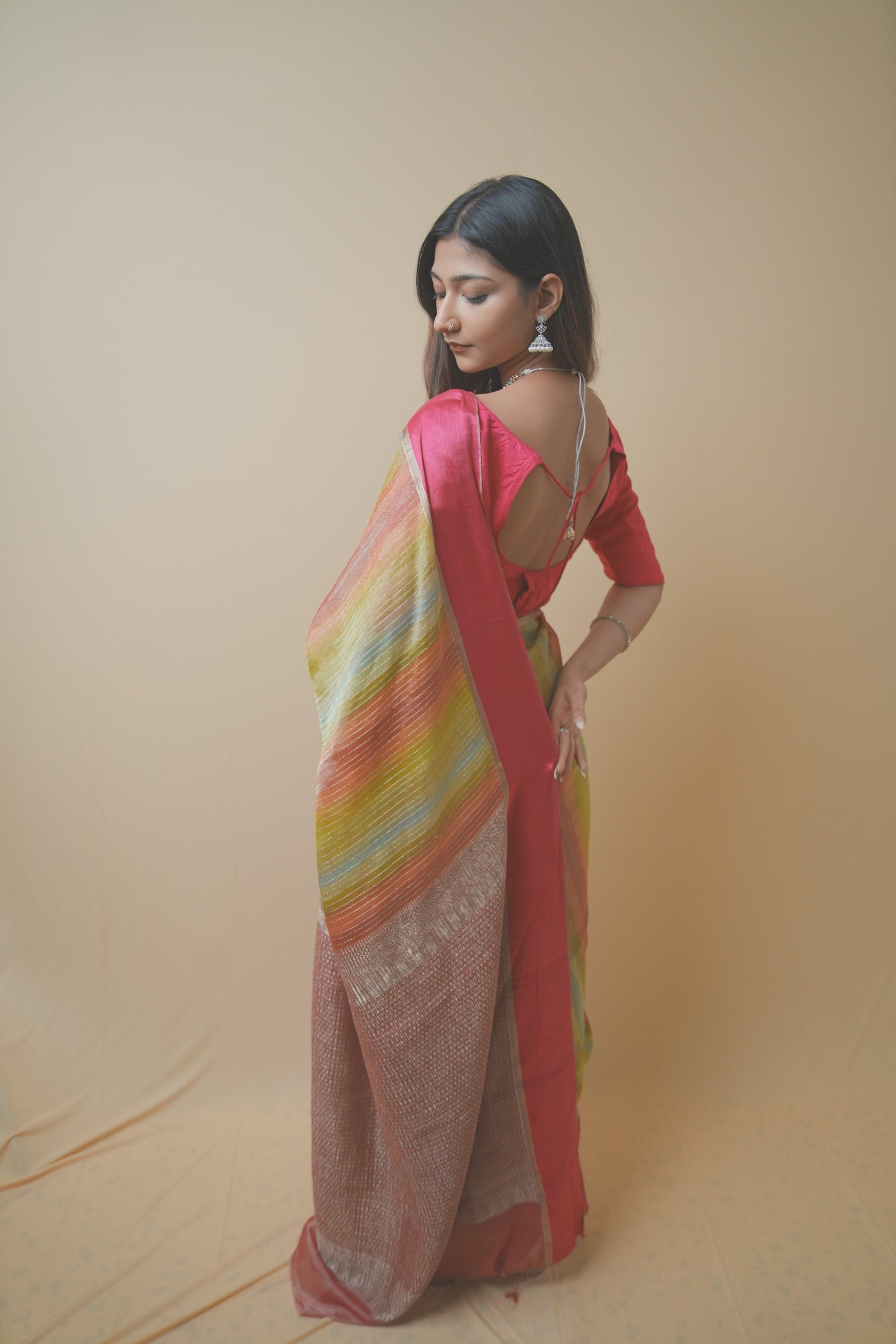 Vibrant Stripe Weave Chiffon Saree with Rich Pink Border