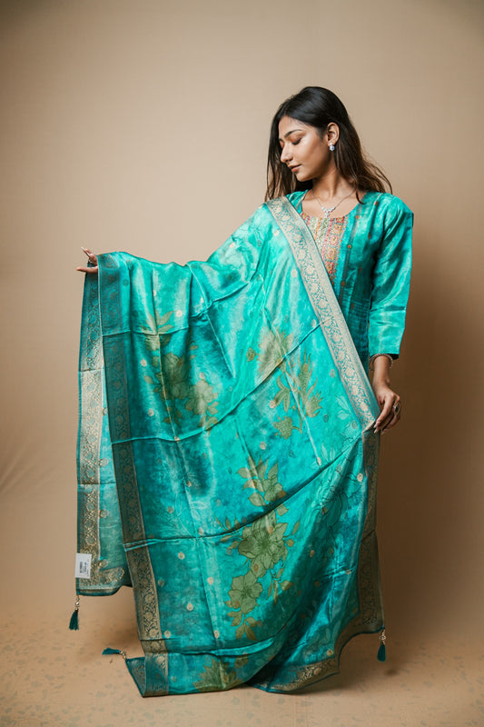 Elegant Teal Printed Silk Suit with Kardana & Mirror Embroidery
