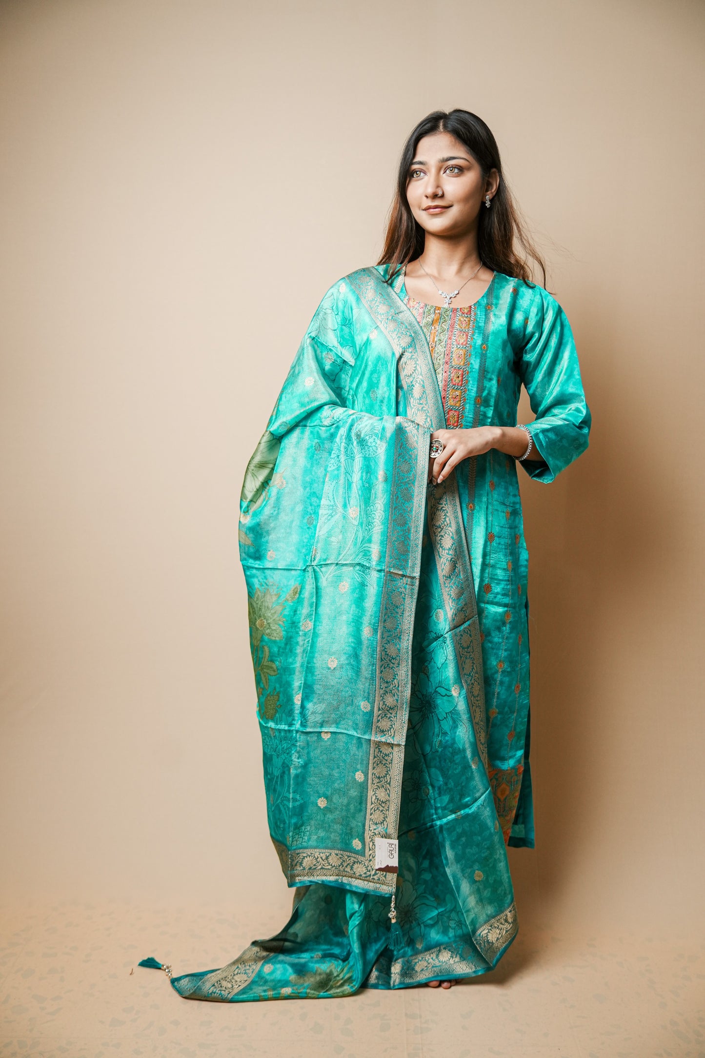 Elegant Teal Printed Silk Suit with Kardana & Mirror Embroidery