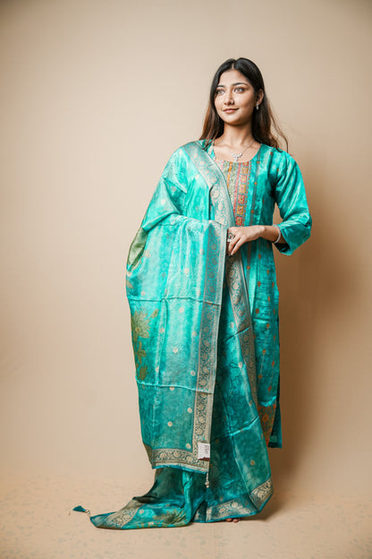 Elegant Teal Printed Silk Suit with Kardana & Mirror Embroidery