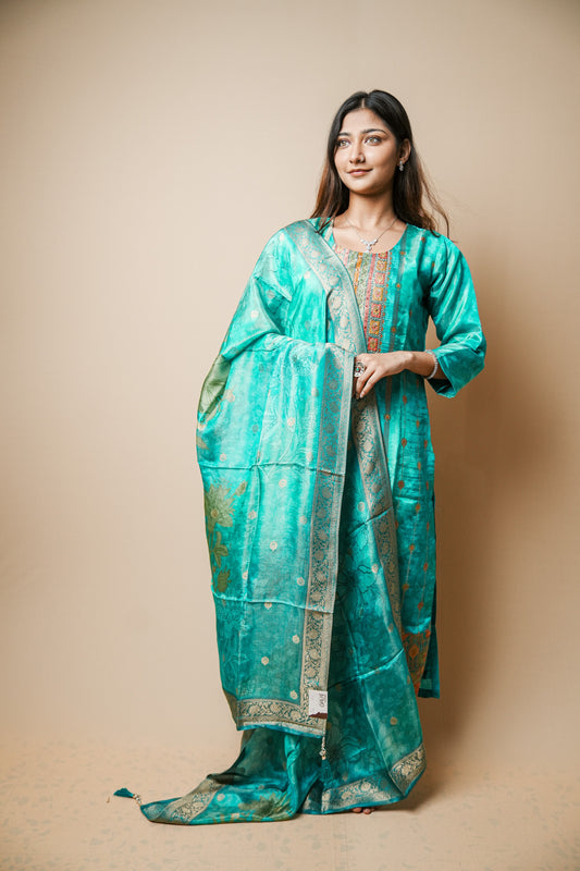 Elegant Teal Printed Silk Suit with Kardana & Mirror Embroidery