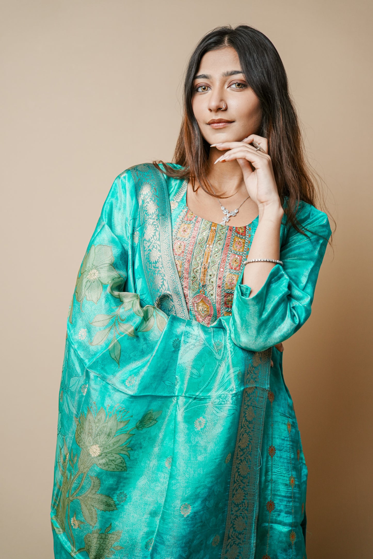 Elegant Teal Printed Silk Suit with Kardana & Mirror Embroidery