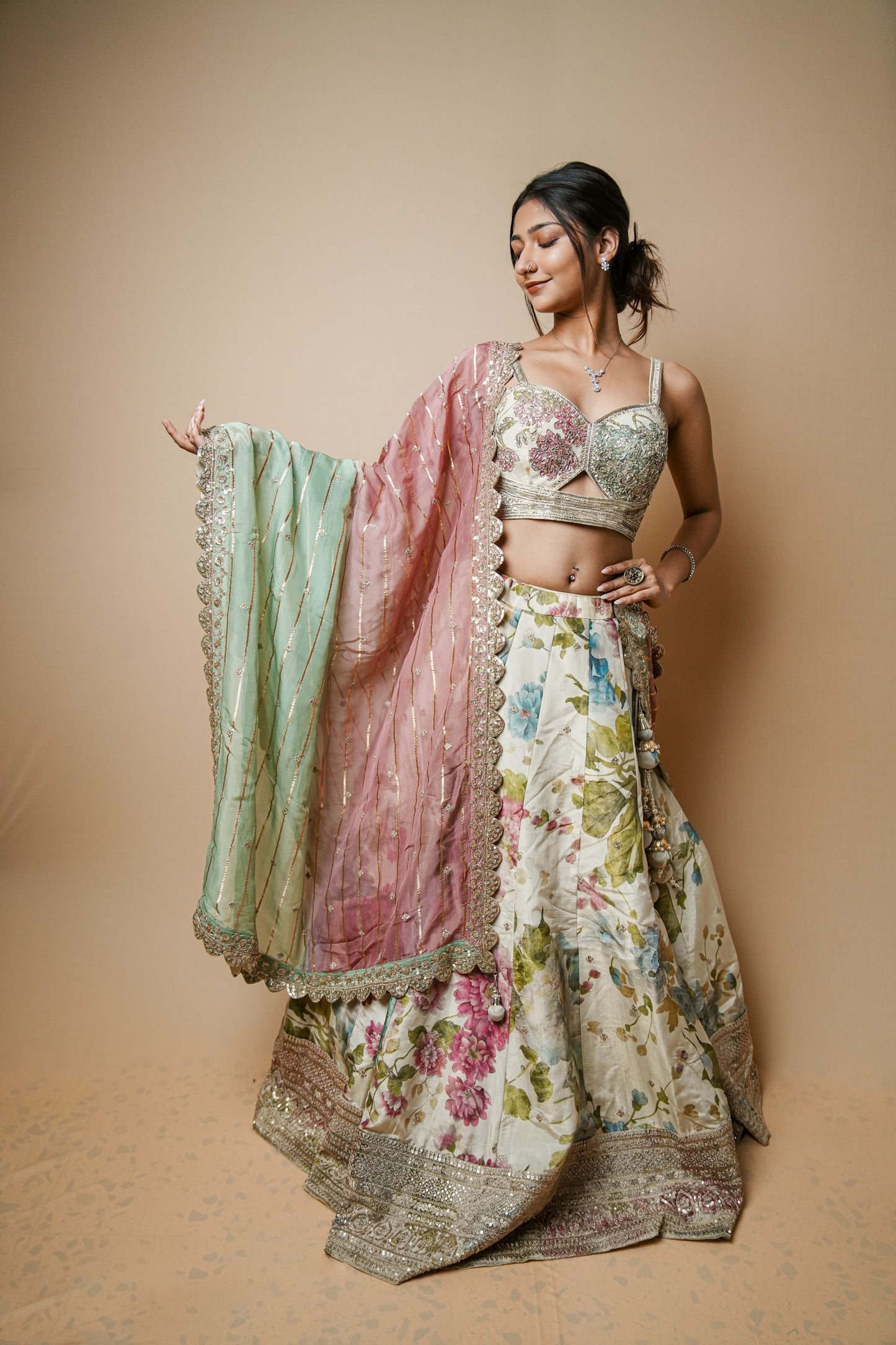 Pastel Floral Tissue Lehenga Set with Hand-Embellished Spaghetti Choli and Organza Dupatta
