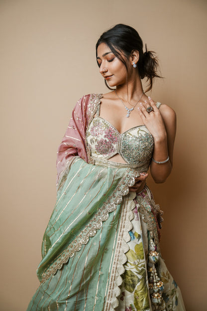 Pastel Floral Tissue Lehenga Set with Hand-Embellished Spaghetti Choli and Organza Dupatta