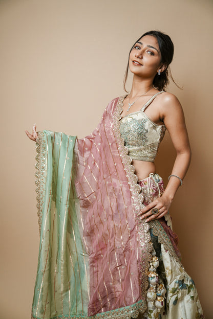 Pastel Floral Tissue Lehenga Set with Hand-Embellished Spaghetti Choli and Organza Dupatta