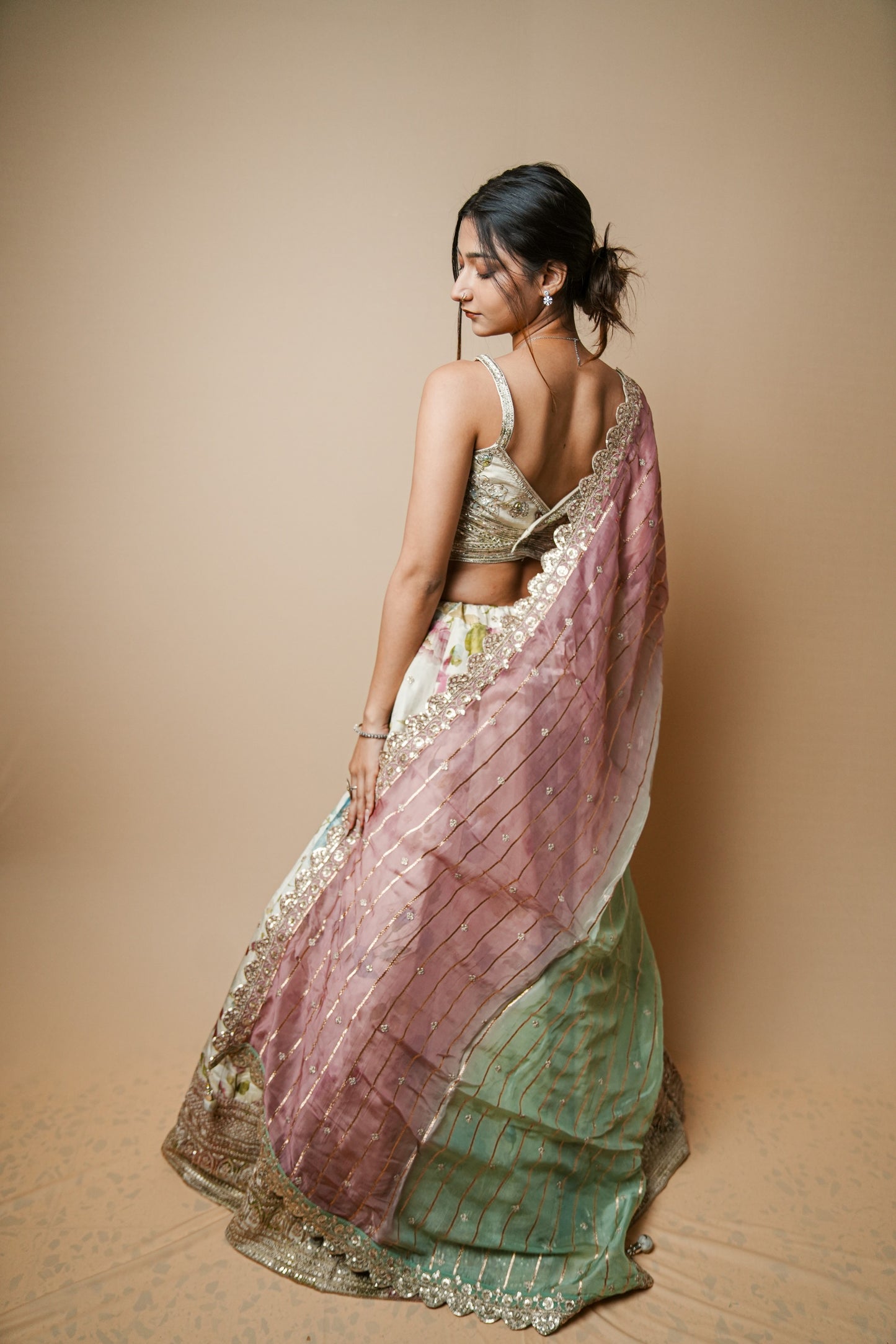 Pastel Floral Tissue Lehenga Set with Hand-Embellished Spaghetti Choli and Organza Dupatta