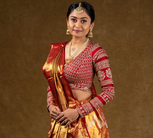 Red and Gold Banarasi Silk Saree with Embroidered Blouse