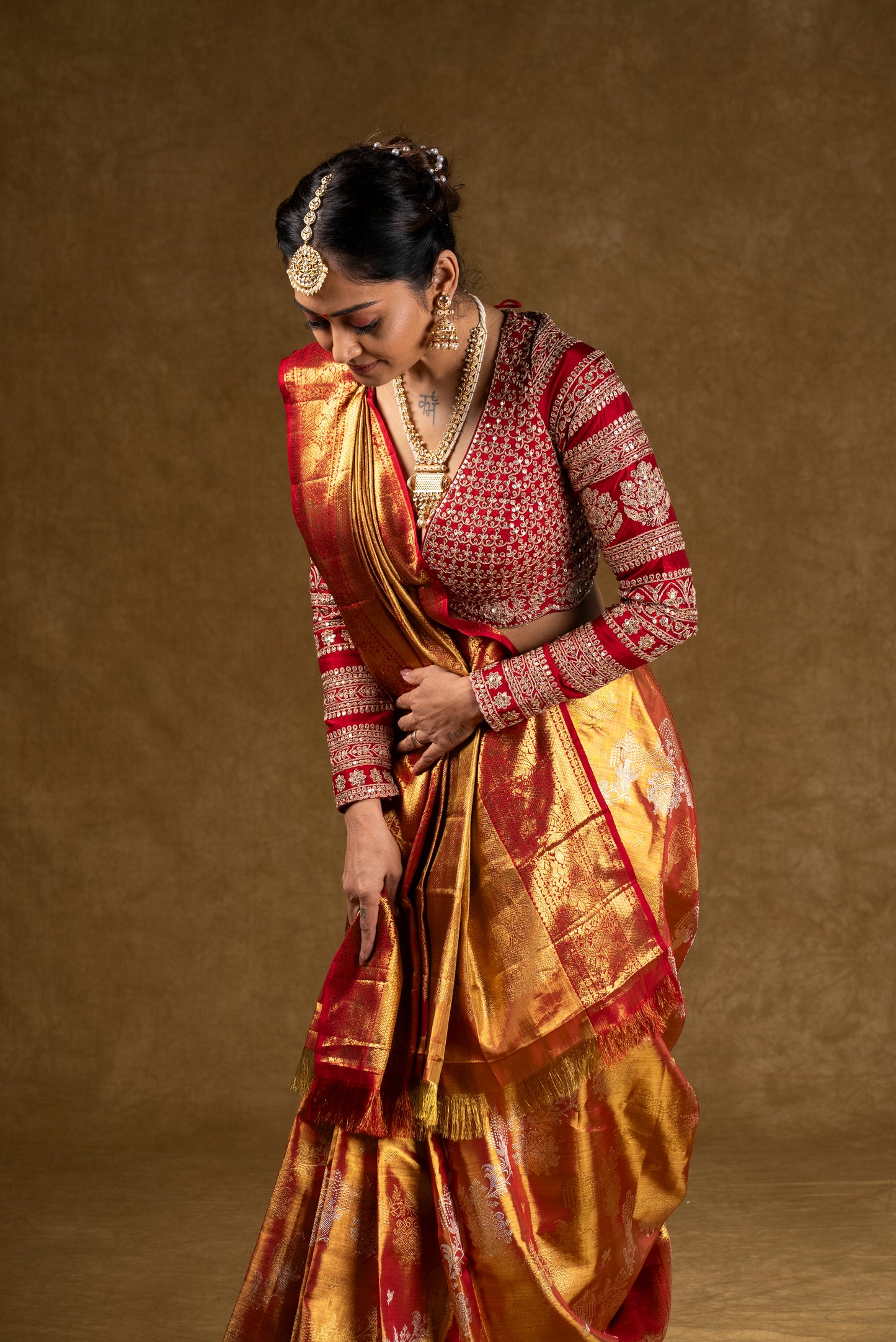 Red and Gold Banarasi Silk Saree with Embroidered Blouse