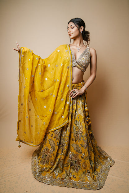Elegant Shimmer Crush Lehenga in Yellow with Embroidered Blouse & Dupatta