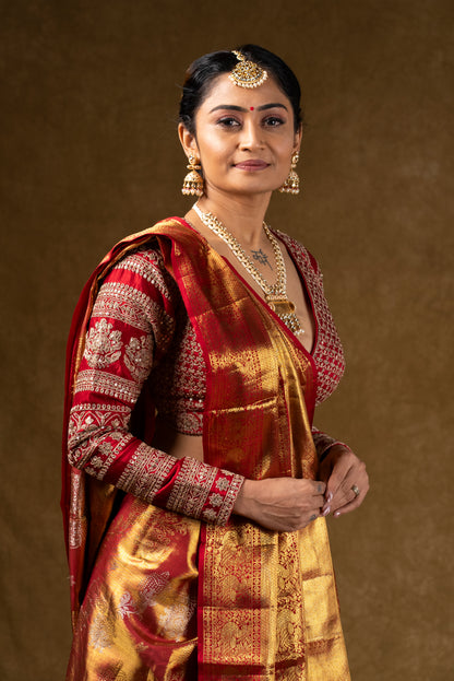 Red and Gold Banarasi Silk Saree with Embroidered Blouse