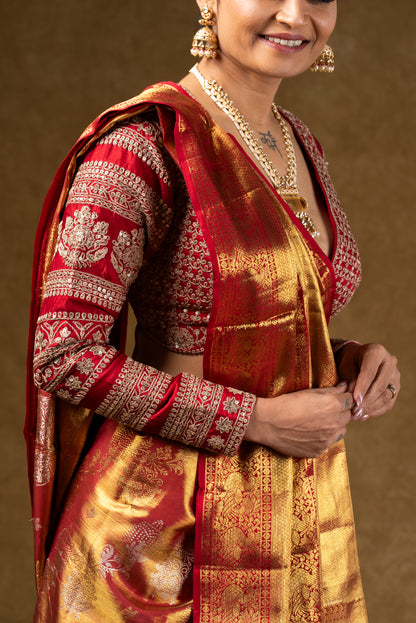 Red and Gold Banarasi Silk Saree with Embroidered Blouse
