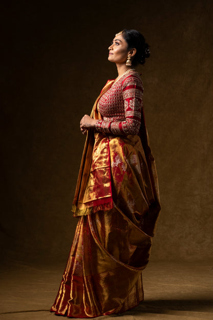 Red and Gold Banarasi Silk Saree with Embroidered Blouse