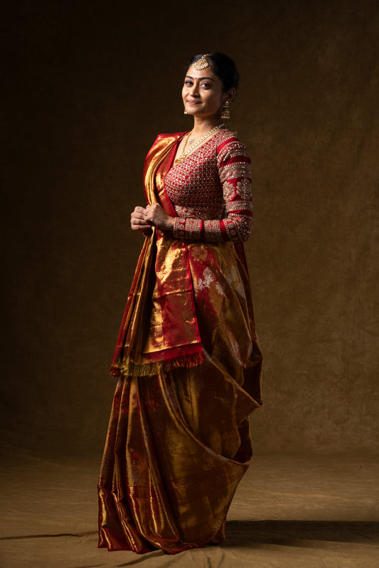 Red and Gold Banarasi Silk Saree with Embroidered Blouse
