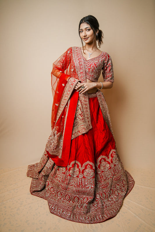 Embroidered Kasab Jadtar Work Wedding Lehenga in Rich Red Silk