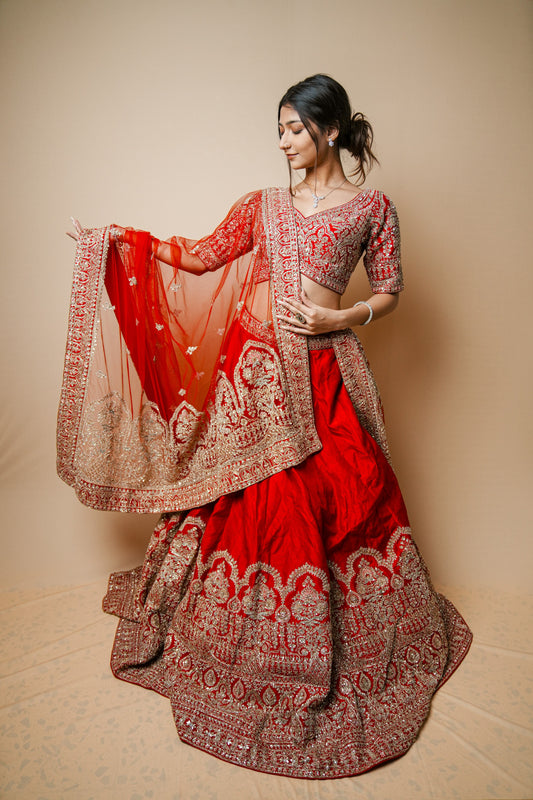 Embroidered Kasab Jadtar Work Wedding Lehenga in Rich Red Silk