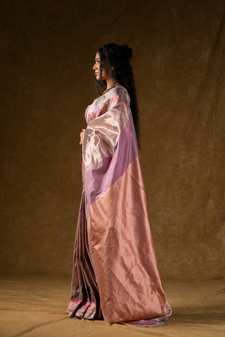 Rose Gold Silk Saree with Abstract Floral Design