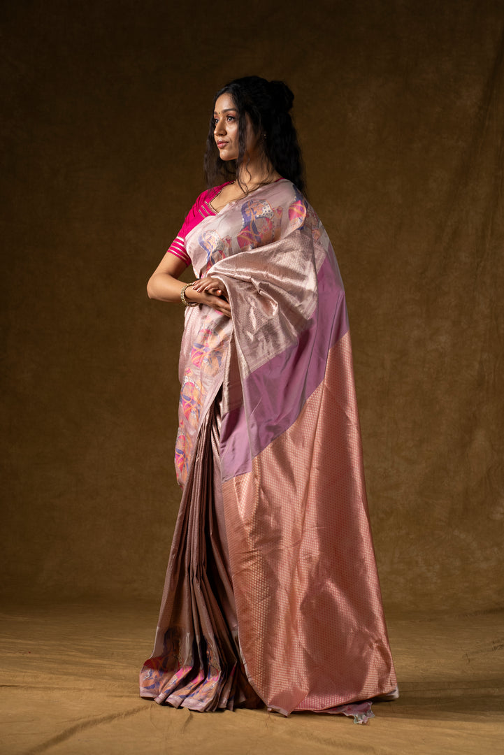 Rose Gold Silk Saree with Abstract Floral Design