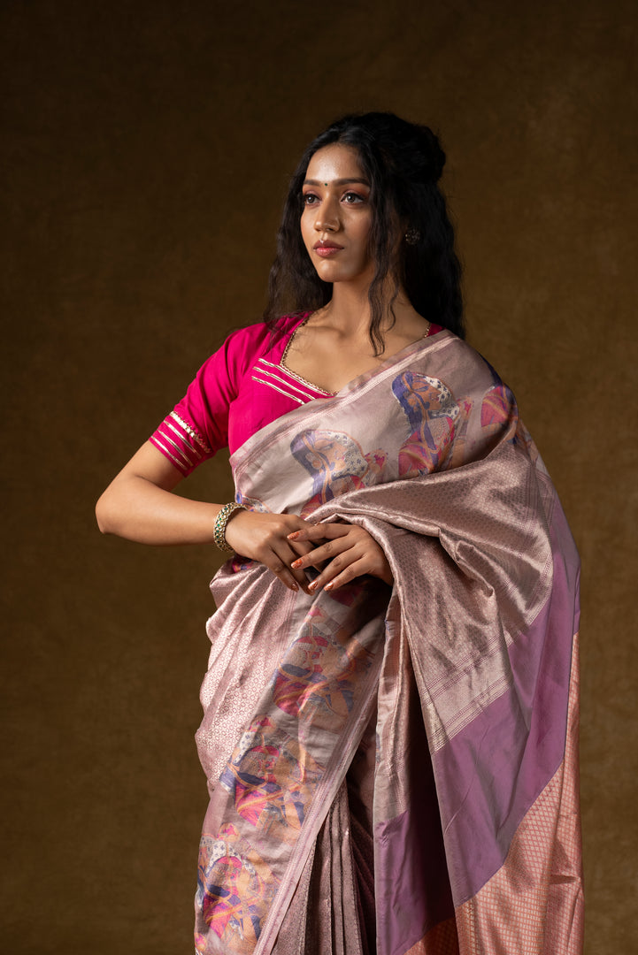 Rose Gold Silk Saree with Abstract Floral Design