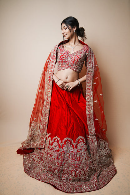 Embroidered Kasab Jadtar Work Wedding Lehenga in Rich Red Silk