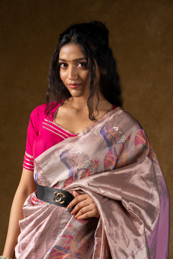 Rose Gold Silk Saree with Abstract Floral Design