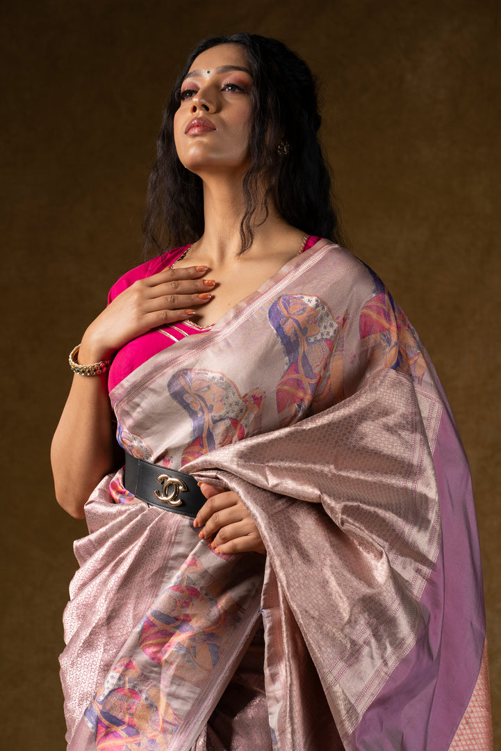 Rose Gold Silk Saree with Abstract Floral Design