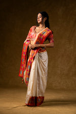 Load image into Gallery viewer, Ivory Silk Saree with Red Pallu and Multicolor Border Work
