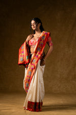 Load image into Gallery viewer, Ivory Silk Saree with Red Pallu and Multicolor Border Work
