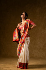 Load image into Gallery viewer, Ivory Silk Saree with Red Pallu and Multicolor Border Work
