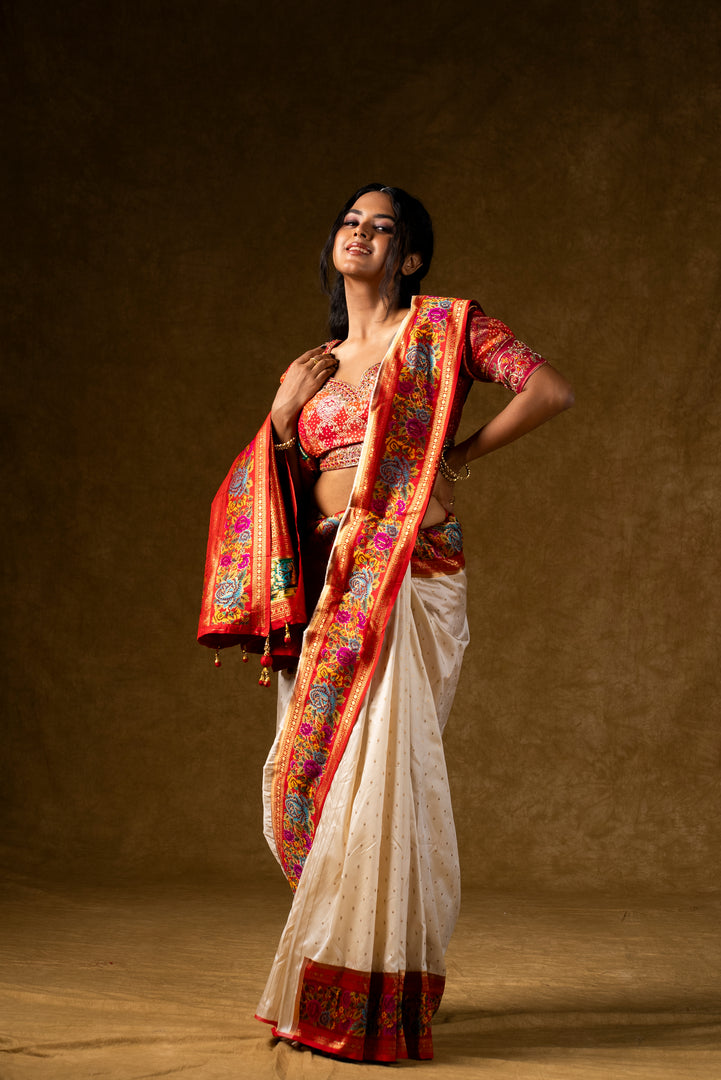 Ivory Silk Saree with Red Pallu and Multicolor Border Work