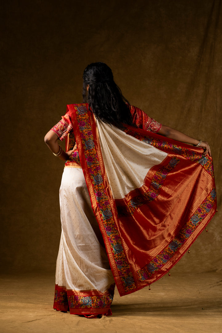 Ivory Silk Saree with Red Pallu and Multicolor Border Work