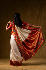 Load image into Gallery viewer, Ivory Silk Saree with Red Pallu and Multicolor Border Work
