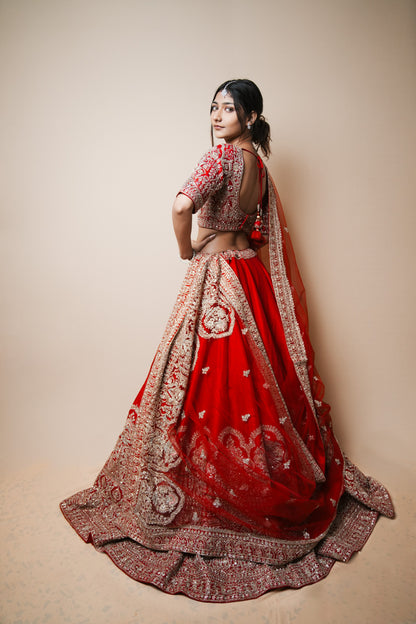 Embroidered Kasab Jadtar Work Wedding Lehenga in Rich Red Silk