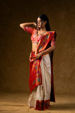 Load image into Gallery viewer, Ivory Silk Saree with Red Pallu and Multicolor Border Work
