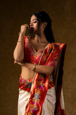 Load image into Gallery viewer, Ivory Silk Saree with Red Pallu and Multicolor Border Work
