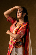 Load image into Gallery viewer, Ivory Silk Saree with Red Pallu and Multicolor Border Work
