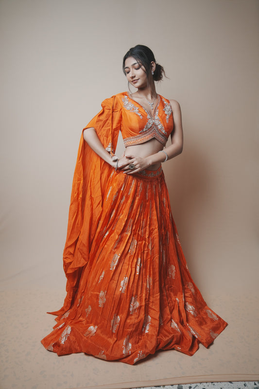 Orange Pure Silk Lehenga with Weaving Butta, Aari & Jardozi Embroidery