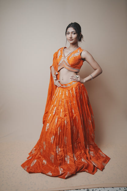 Orange Pure Silk Lehenga with Weaving Butta, Aari & Jardozi Embroidery