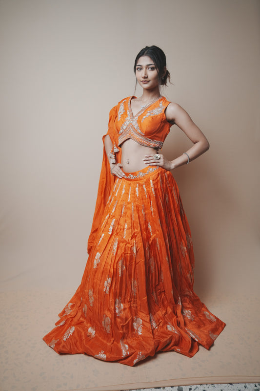 Orange Pure Silk Lehenga with Weaving Butta, Aari & Jardozi Embroidery