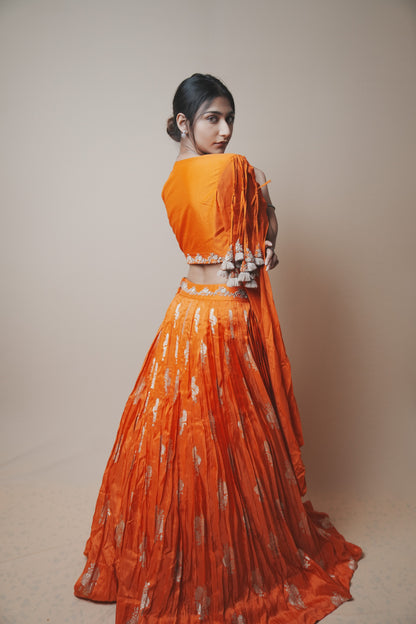 Orange Pure Silk Lehenga with Weaving Butta, Aari & Jardozi Embroidery