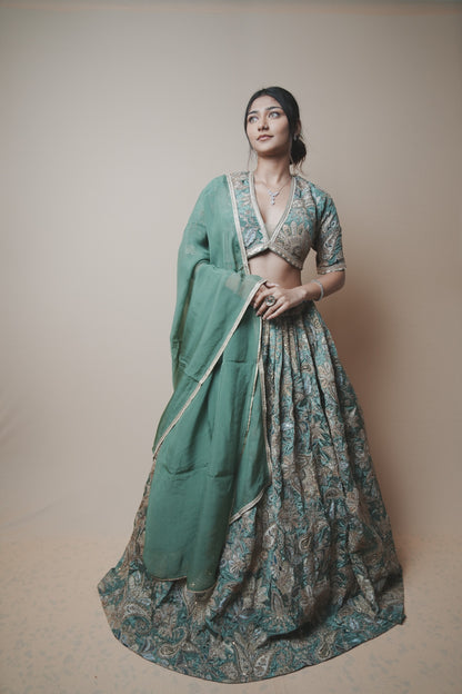 Designer Crepe Silk Lehenga with Printed Fabric, Kasab Embroidery & Organza