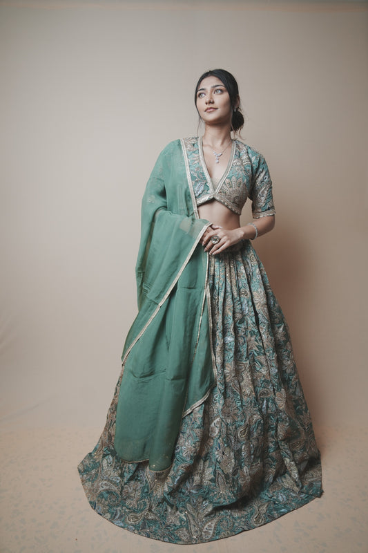 Designer Crepe Silk Lehenga with Printed Fabric, Kasab Embroidery & Organza