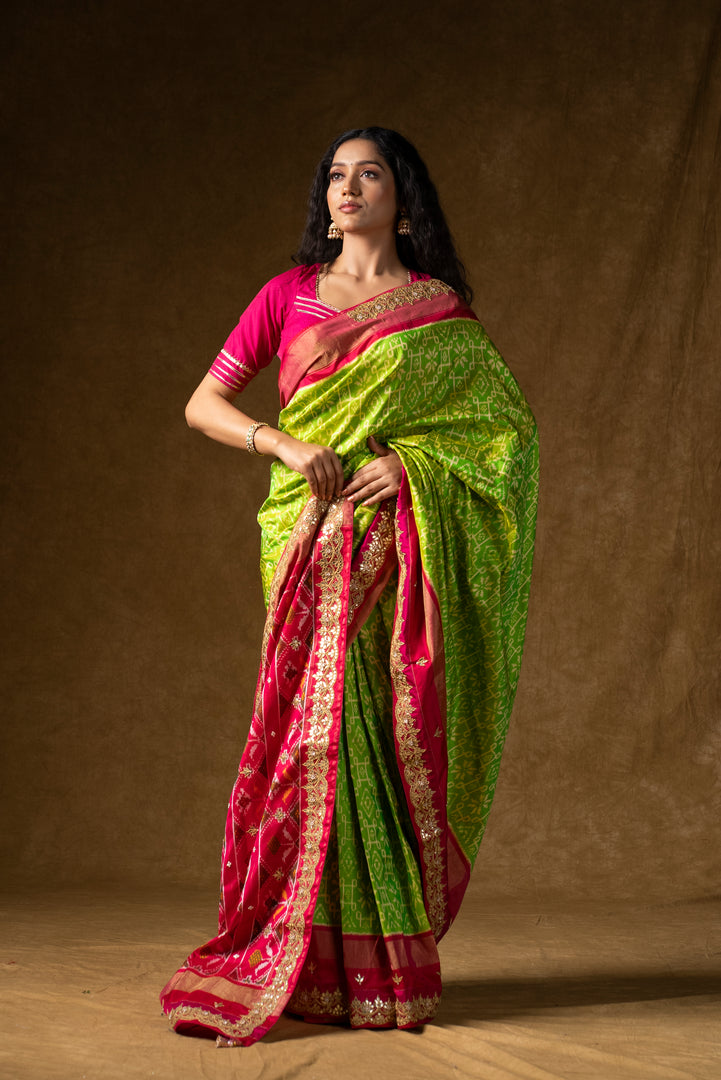 Green Banarasi Silk Saree with Pink Border and Blouse Piece