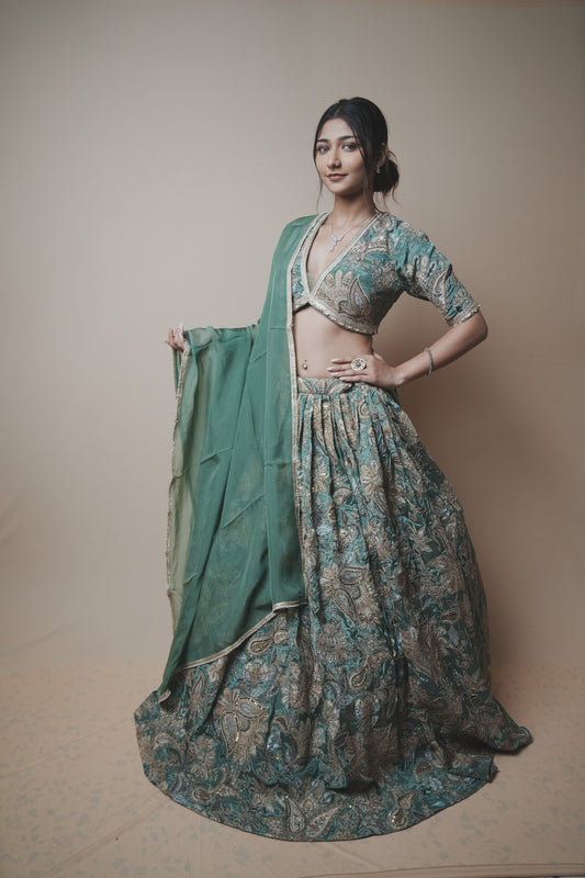 Designer Crepe Silk Lehenga with Printed Fabric, Kasab Embroidery & Organza