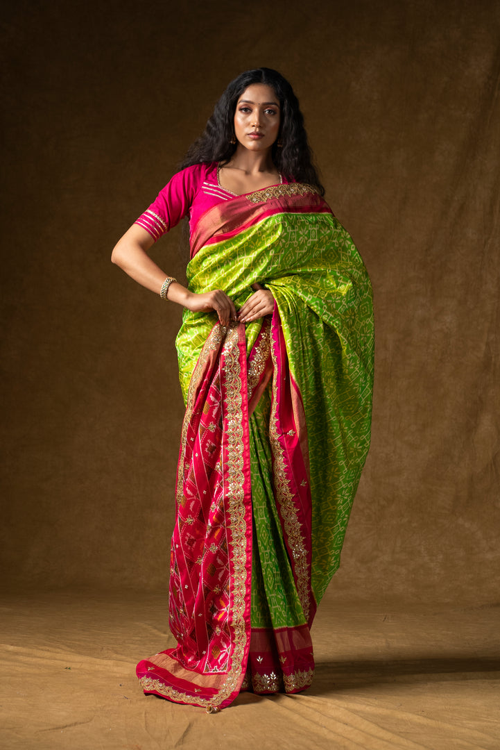 Green Banarasi Silk Saree with Pink Border and Blouse Piece