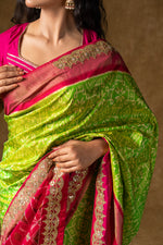 Load image into Gallery viewer, Green Banarasi Silk Saree with Pink Border and Blouse Piece
