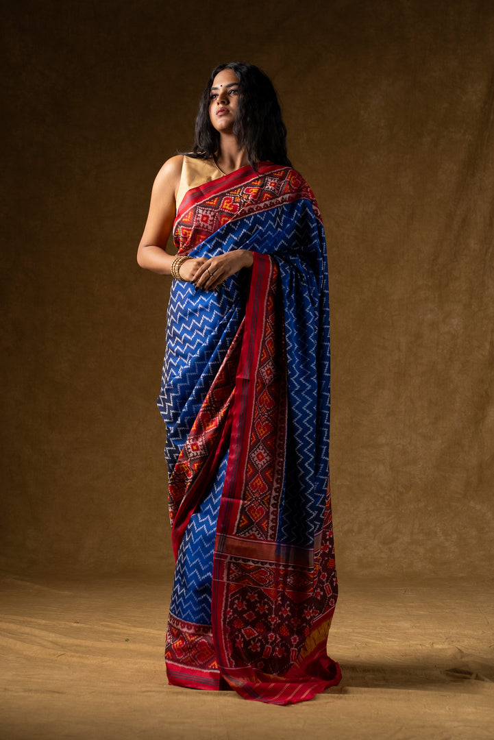 Blue and Red Ikat Silk Saree