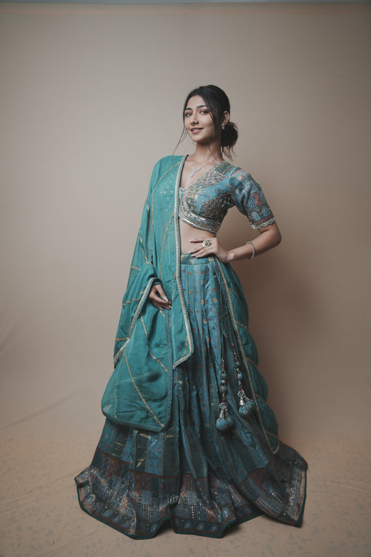 Tortoise Banarasi Silk Lehenga Set with Hand Embroidered Mukesh & Kardana Work